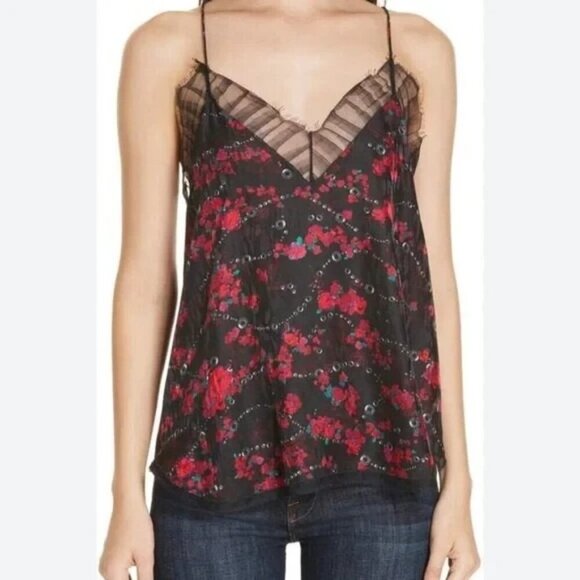 IRO‎ Dasher Floral Lace Cami Top Black Red Size 38 - Picture 1 of 7